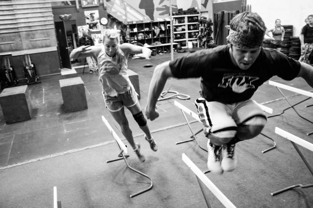 FreeSkiers train plyometrics during their summer dryland cycle.